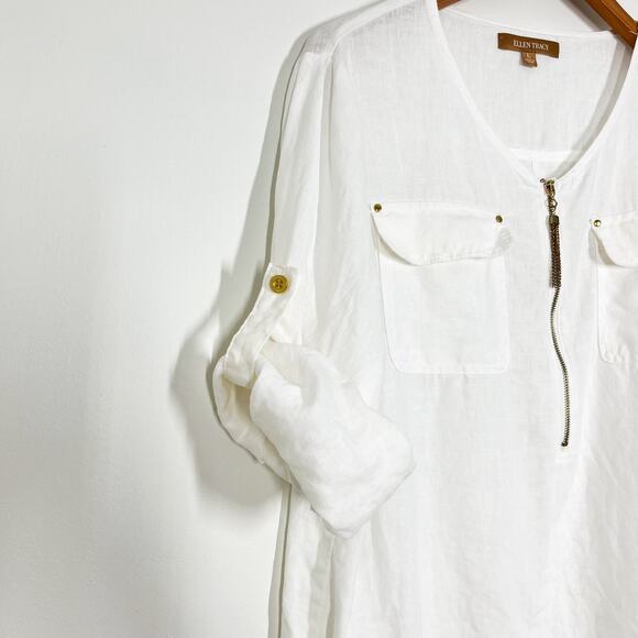 Ellen Tracy Linen Pullover Tunic Blouse White Sz L Half Zip Roll Tab Sleeves - Picture 5 of 12